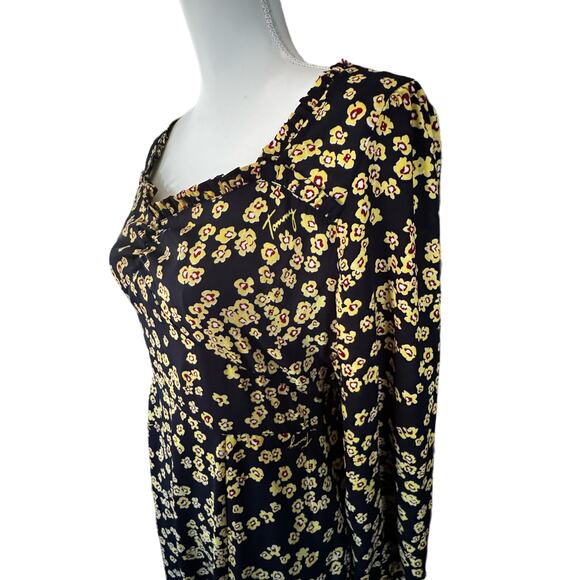 Black Maxi Flowy Dress Yellow Flowers Elastic Waist Tie Back Bow Ruffle Neck M - Picture 3 of 5